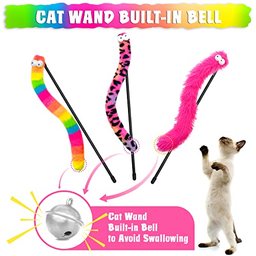 3 Pack Cat Wand Toy, Rainbow Cat Feather Toys with Bells, Teaser Wand with Soft Furry Tail, Interactive Toys for Indoor Cats & Kitten & Kitty - style: Playful