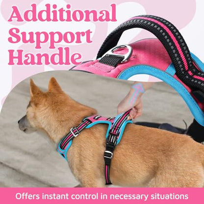 rabbitgoo Dog Harness Medium Sized, No Pull Dog Vest with 3 Buckles, Adjustable Soft Padded Pet Harness with Easy Control Handle and Reflective Strips, Rose Pink & Blue, M - color: Rose Pink & Blue, size: Medium