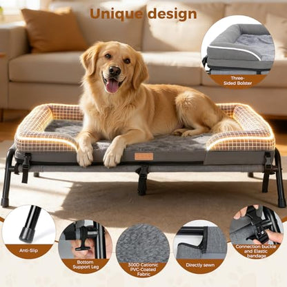 Outdoor Elevated Dog Bed,Raised Dog Beds for Large Dogs, Washable Dog Cot with Headrest Sides, Non-Skid Feet,Breathable Mesh,Cooling Pet Beds for Indoor or Camping - size: 43.3"L x 32.3"W x 12.2"Th