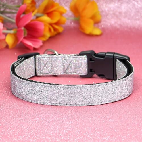 TDTOK Glittering Bling Dog Collar, Comfy & Durable Dog Collar for Small Medium Large Dogs with Eco-Friendly Plastic Buckle, Adjustable Stylish Nylon Dog Collars, Fit Necks: 9.8-22.4’’ (Silver, S) - color: Silver, size: S