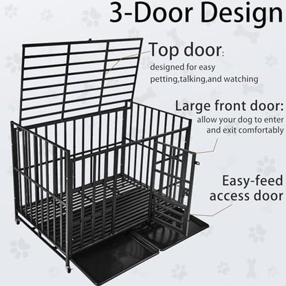 49/48/43/42Inch Heavy Duty Indestructible Dog Crate for Large Dogs,Escape-Proof Steel Kennel for Large Dogs,3Door Design with Lockable Wheels,Extra Large XXL Dog Cage with Removable Tray (43) - size: 43