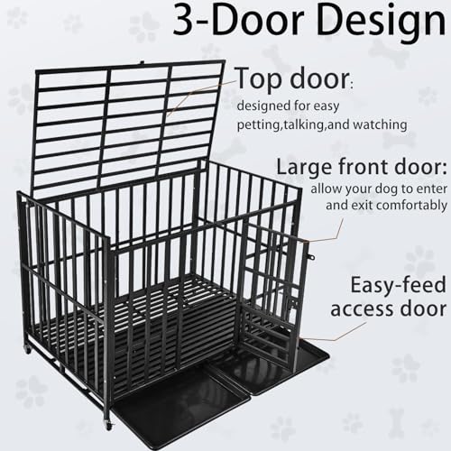 48Inch Heavy Duty Indestructible Dog Crate for Large Dogs,Escape-Proof Steel Kennel for Large Dogs,3Door Design with Lockable Wheels,Extra Large XXL Dog Cage with Removable Tray (48) - size: 48