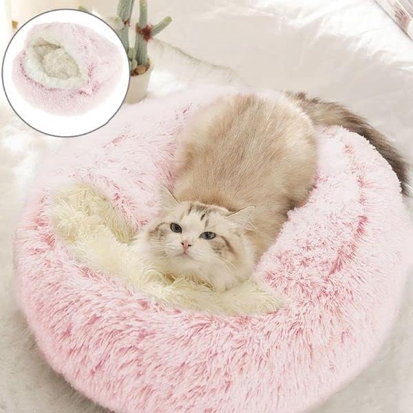 Cat Bed Round Fluffy Hooded Cat Bed Cave, Anti-Anxiety Cave Bed with Hooded Blanket, Cozy Cuddler Luxury Puppy Pet Bed, Anti-Slip Bottom and Machine Washable (Pink, Medium) - color: Pink, size: Medium