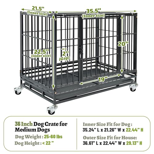 36 Inch Heavy Duty Dog Crate for Medium Dogs, Stackable Dog Cage Kennel with Pull-Out Tray & Grid, 4 Lockable Wheels, Open Top & Door Access, Dual Lock Escape Proof Drop Cage for Dogs Indoor - size: 36.5"L x 22.5"W x 29"H