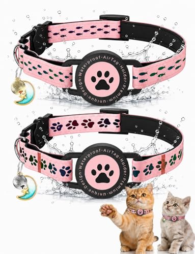 Airtag Cat Collar 2 Pack, Breakaway Cat Collar with AirTag Holder, Waterproof and Reflective Pattern, Lightweight Adjustable GPS Safety Collar for Cats, Boy and Girl Cats, Pink（7.5-10.75"） - color: Pink