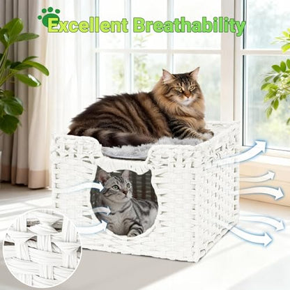 Handwoven Rattan Cat Cave w/Two Cushions, Cat Beds Indoor Kitten House, Waterproof & Foldable Pet Cube Bed, White, 16.5”L x 16.5”W x 12.6”H - color: Gray