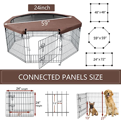 NEZUC Foldable Metal Dog Exercise Playpen Gate Fence Dog Crate 8 Panels 24 Inch Height Puppy Kennels with Top Cover/Bottom Pad for Animals Outdoor Indoor (Playpen+Top Cover, Brown, 24" H) - size: 24"H, style: Playpen+Top Cover
