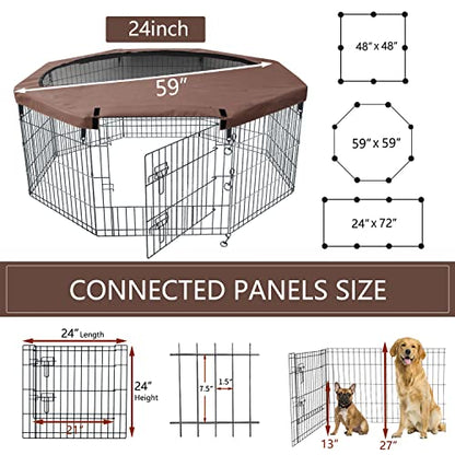 NEZUC Foldable Metal Dog Exercise Playpen Gate Fence Dog Crate 8 Panels 24 Inch Height Puppy Kennels with Top Cover/Bottom Pad for Animals Outdoor Indoor (Playpen+Top Cover, Brown, 24" H) - size: 24"H, style: Playpen+Top Cover