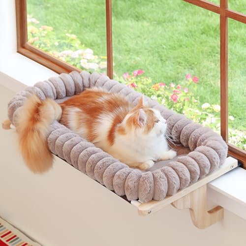 Zakkart SnugCloud Cat Window Perch with 4-Sided Bolster - Orthopedic Cat Hammock for Window Sill - Solid Hardwood & Metal Frame - Window Seat for Pets (Natural Color Wood w/Brown Bed, Medium) - color: Natural Color Wood w/ Brown Bed, size: Medium (22"x15"