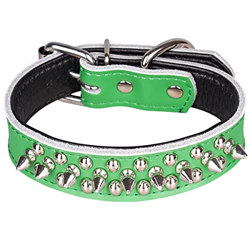 Spiked Studded Dog Collar, Soft Genuine Leather Dog Collar, Adjustable Dog Collars for Small Medium Large Dogs Breeds Pit Bull (S fit Neck 10.5-13", Green2) - color: Green2, size: S fit Neck 10.5-13"