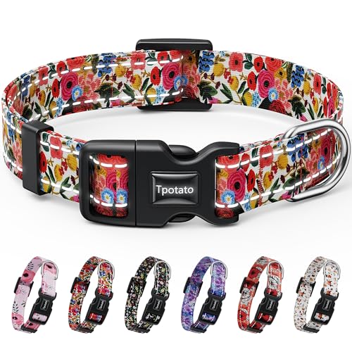 Tpotato Reflective Combination Pattern Girl Dog Collar for Puppy Small Medium Large Breed Dogs,Female Cute Floral Designer Dog Collars,Adjustable Soft Nylon Pet Collar,Quick Release Dog Collar L - color: red floral, size: L（Neck 16"-24",Wideth 1")