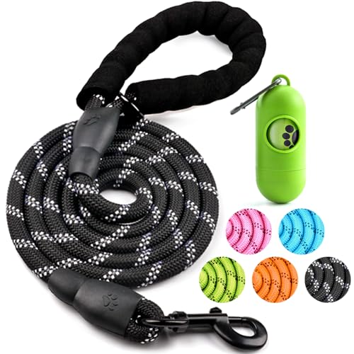 Dog Leash 6 FT Heavy Duty - Comfortable Padded Handle - 1/2 inch Reflective Dog Leash for Medium Large Dogs with Poo Bag Dispenser - color: 1 Pack E-Black, size: 1/2"x 6 FT (18~120 lbs.)