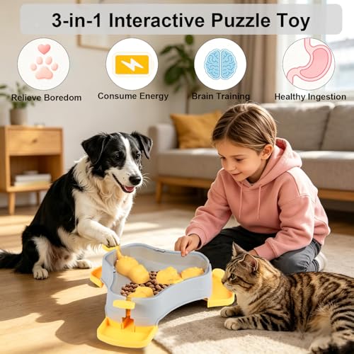 Dog Cat Treat Dispenser Slow Feeder Toy, 3-in-1 Interactive Dog Puzzle Press Toys, Dog Enrichment Toy No-Slip Interactive Brain Training Toys for Smart Dog Cats (Grey/Yellow) - color: Grey/Yellow