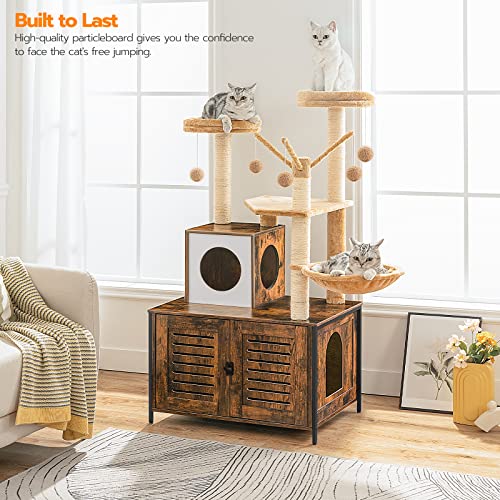 HOOBRO Cat Tree with Litter Box Enclosure, Scratching Posts, Litter Box Enclosure Furniture for Indoor Cats, All-in-One Wooden Cat Tower Condo House with Cat Hammock, Rustic Brown BF14MZ03 - color: Rustic Brown