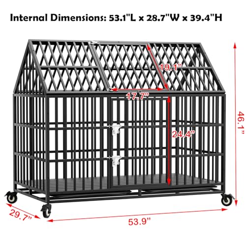 54 inch Heavy Duty Dog Crate with 2 Bowls, Indestructible Escape-Proof Dog Kennel Double Door, High Anxiety Large XXL Cage Indoor with Wheels and Trays, Max Load Capacity 300lbs - size: 53.9"L x 29.7"W x 46.1"H