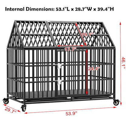 54 inch Heavy Duty Dog Crate with 2 Bowls, Indestructible Escape-Proof Dog Kennel Double Door, High Anxiety Large XXL Cage Indoor with Wheels and Trays, Max Load Capacity 300lbs - size: 53.9"L x 29.7"W x 46.1"H