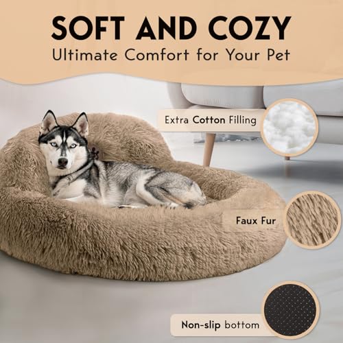PetJett Large Dog Bed - 36'' Calming Donut Dog Beds, Anti-Slip & Washable Large Round Bed, Fluffy Faux Fur Pet Bed, Super Soft Anti-Anxiety Premium Comfort Bed, Fits Dogs up to 80 lbs - Beige - color: Beige, size: Large - 36”L x 36”W x 8”Th