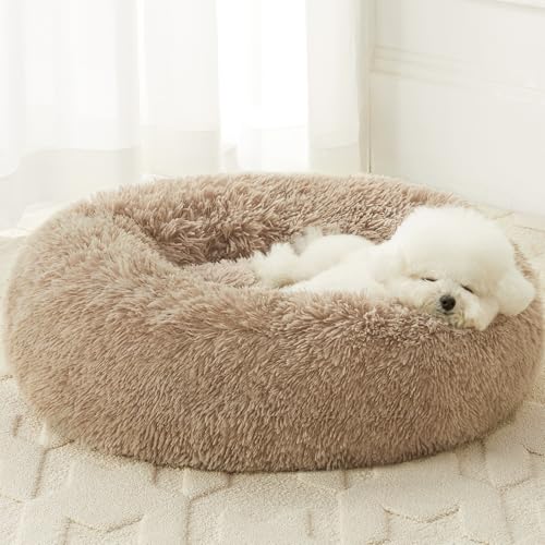 WNPETHOME Calming Dog Bed & Cat Bed,Small Dog Bed Donut Design Faux Fur Anti-Anxiety Dogs Beds,Fluffy Pet Cushion Pet Beds for Small Dogs and Cats (20 x 20 Inch, Brown) - color: Brown, size: 20"L x 20"W x 8"Th