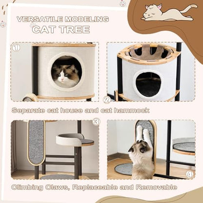 Cat Tree, 66In Cat Tower with Scratching Post, Tall Multi-Level Cat Houses for Indoor Cats Large Adult, Cute Cat Post Cat Condos with Dangling Ball,Plush Platform, Hammock, Big Cats Climbing Tower - color: C