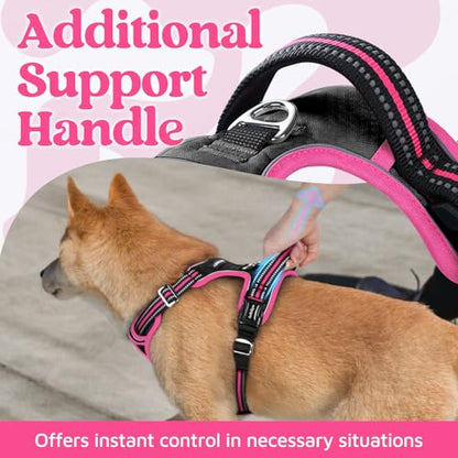 rabbitgoo Dog Harness Medium Sized, No Pull Dog Vest with 3 Buckles, Adjustable Soft Padded Pet Harness with Easy Control Handle and Reflective Strips, Black & Rose Pink, M - color: Black & Rose Pink, size: Medium
