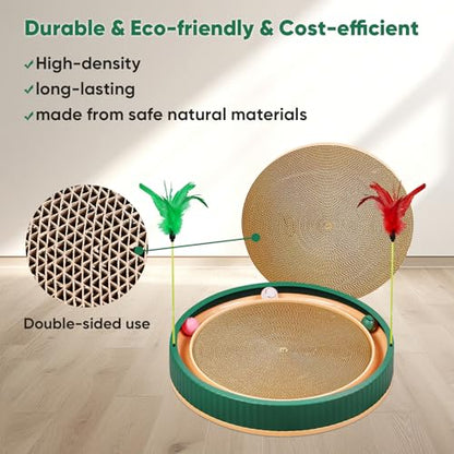20-Inch Round Cat Scratcher Bed with Ball Track – 3-in-1 Interactive Cardboard Scratching Pad with Feather Toy & Non-Slip Base – Great for Indoor Cats, Active Kittens & Large Breeds (Green) - color: Green