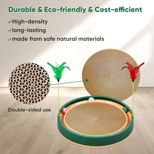 20-Inch Round Cat Scratcher Bed with Ball Track – 3-in-1 Interactive Cardboard Scratching Pad with Feather Toy & Non-Slip Base – Great for Indoor Cats, Active Kittens & Large Breeds (Green) - color: Green