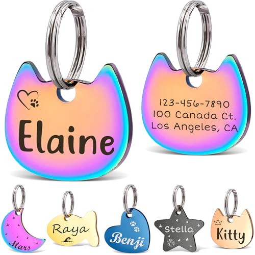 Anavia Small Size Dog Cat ID Tags, Small/XS Personalized Color Plated Stainless Steel Puppy Kitten Name Tags, Customized Engraved Nameplate Pet Collar Tag (Rainbow, Cat Head) - color: Rainbow, size: Regular-Cat Head