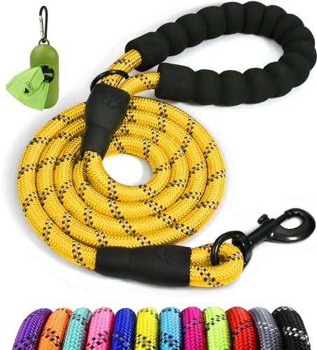 Taglory Rope Dog Leash 4 FT with Comfortable Padded Handle, Highly Reflective Threads Leash and Anti-Tangle Clip for Walking Medium Large Dogs, 1/2 inch, Yellow - color: Yellow, size: 1/2" x 4 FT (20~120 lbs.)