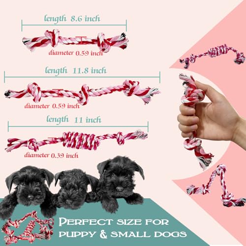 Puppy 3 Pack Cotton Knot Rope Toys for Small Dogs & Puppies, Durable Teething & Tug of War Chew Toy, Safe Interactive Toy for 2-8 Months Pets and High Active Puppy (Pink, Small) - size: Small