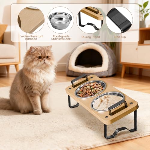 Elevated Cat Bowls with Handles, 15° Tilted 2 Stainless Steel Bowls & Food Mat, Adjustable Height Anti-Vomit Feeder for Easy Cleaning, The for Cat Lovers - Complete Feeding Solution - size: 2 cat bowls