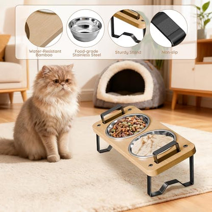 Elevated Cat Bowls with Handles, 15° Tilted 2 Stainless Steel Bowls & Food Mat, Adjustable Height Anti-Vomit Feeder for Easy Cleaning, The for Cat Lovers - Complete Feeding Solution - size: 2 cat bowls