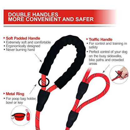Dog Leash Heavy Duty 6ft, Double Handle Dog Leash with Padded Handle for Traffic Control, Reflective Rope Leashes for Large and Medium Dogs Night Control Safety Training (Red) - color: Red (25 to 120 lbs)