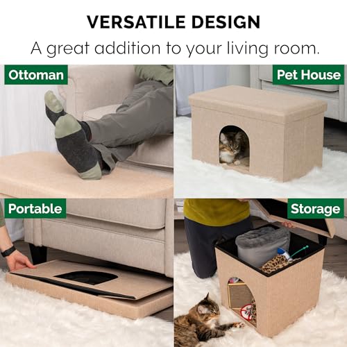 Furhaven Pet House for Indoor Cats & Medium/Small Dogs, Collapsible & Foldable w/Plush Ball Toy - Living Room Ottoman Cat Condo - Sand, Large