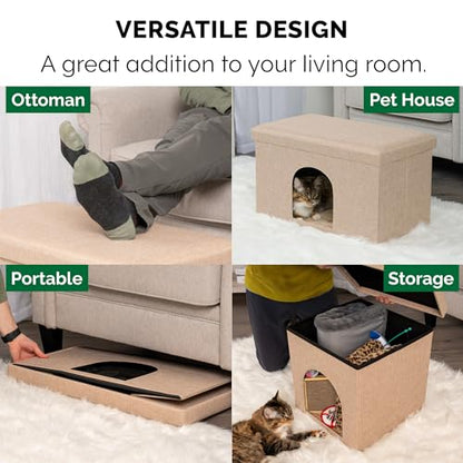Furhaven Pet House for Indoor Cats & Medium/Small Dogs, Collapsible & Foldable w/Plush Ball Toy - Living Room Ottoman Cat Condo - Sand, Large