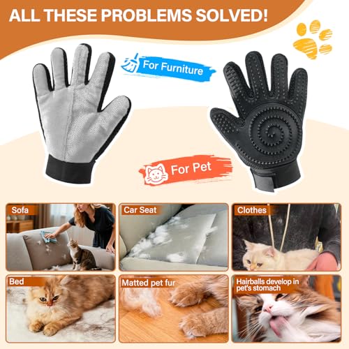 2-in-1 Upgrated Dual Sided Pet Hair Removal Glove, Gentle Deshedding Brushes for Dogs & Cats with Long and Short Fur, Reusable Electrostatic Pet Hair Remover Gloves for Sofa Clothing Cat Beds - 1 Pair