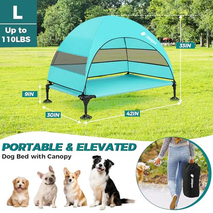 Windproof Elevated Dog Bed with Canopy & Stakes, 3-Sided 90% UV Block, Chew-Proof Teslin Mesh Mat for Large Dogs up to 150lbs(Blue Large) - color: Blue, size: Large