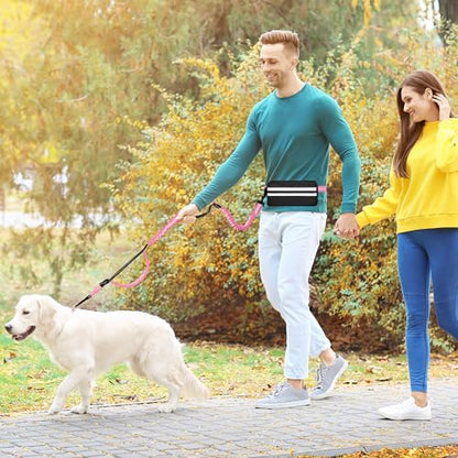 Hands Free Dog Leash with Zipper Pouch, Running Waist Leash for Dog Walking, Adjustable Waist Belt for Large Dogs, Reflective Bungee Design with Two Handle for Hiking, Training, Pink - color: Pink