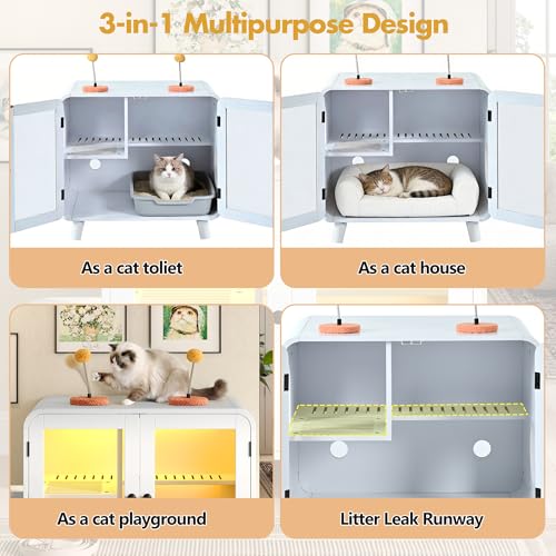 Merax Cat Hidden Litter Box Enclosure with RGB LED Light – Retro TV-Style Cat House Cabinet with Stairs, Pom-Pom Toys, Litter Leak Walkway & Glass Doors for Living Room,Cream - color: Cream