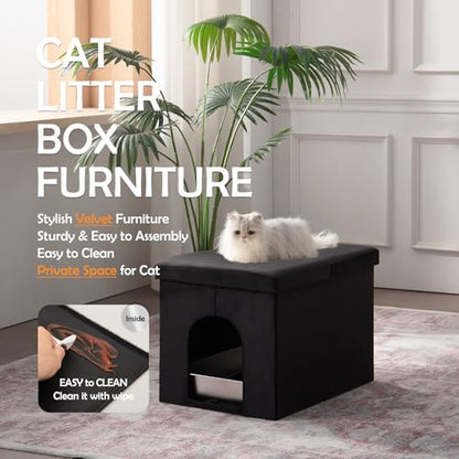 Cat Litter Box Enclosure Furniture Hidden Large, Lift Design Lid Velvet Cat Washroom Bench Storage Cabinet |25.6x 17.7 x 17.7 in|Dog Proof|Urine Proof Inside|Quick Assembly| Easy Clean(Black) - color: Black, size: L 25.6''x W17.7'' X H17.7''
