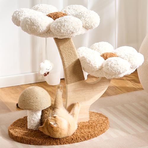 797Audio Flower Cat Tree, 30" Wood Branch Cat Tower with Scratching Post for Indoor Adult Cats, Luxury Aesthetic Cat Tree with Mushroom Cat Scratcher & Interactive Squeaky Toy, Cloud White - color: White, size: 30"