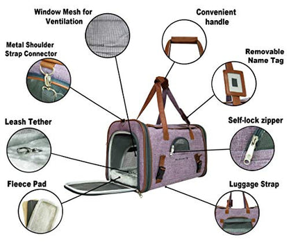 Mr. Peanut's Airline Approved Soft Sided Pet Carrier, Low Profile Gold Series Tote, Premium Brand Self Locking Zippers, Under Seat Compatibility, Plush Faux Fleece Bedding with a Sturdy Plywood Base - color: Purple
