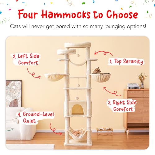 77-Inch Tall Cat Tree, Multi-Level Large Cat Tower with 4 Hammocks, 2 Padded Perches, Cat Condo, Sisal Scratching Posts and Hanging Toys for Adult Cats, Beige - color: Beige, size: XXL (19.7 x 19.7 x 77 Inches)