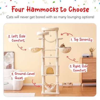 77-Inch Tall Cat Tree, Multi-Level Large Cat Tower with 4 Hammocks, 2 Padded Perches, Cat Condo, Sisal Scratching Posts and Hanging Toys for Adult Cats, Beige - color: Beige, size: XXL (19.7 x 19.7 x 77 Inches)