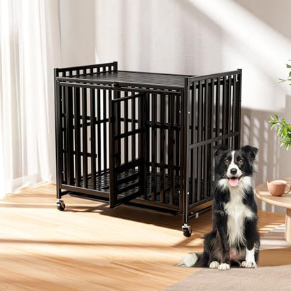 48/43/42Inch Heavy Duty Indestructible Dog Crate for Large Dogs,Escape-Proof Steel Kennel for Large Dogs,3Door Design with 4Lockable Wheels,Extra Large XXL Dog Cage with 2Removable Tray (42) - size: 42