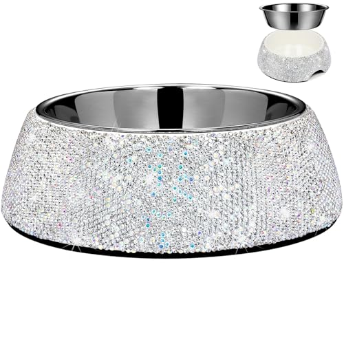 SlowVibes Bling Stainless Steel Dog Bowls,18oz Detachable Rhinestone Metal Food Water Bowl for Feeding Dogs Cats,Rust Resistant Non-Slip Puppy Dish,Sparkle Essentials for Small Medium Large Girl Pets - color: White, size: L-2¼ cup/18oz