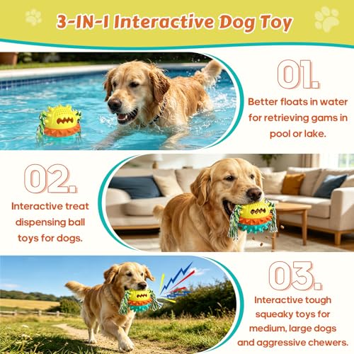 Dog Chew Toys Floating 4" Squeaky Ball for Aggressive Chewers Toothbrush Teething Cleaning Toys Outdoor Swimming Interactive Tough Toys with Treat Dispenser Ball for Medium and Large Dogs - color: Yellow & Blue