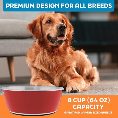 Master Pet Supply Stainless Steel Dog Bowls Set of 2 (64 Oz Each) with Non-Slip Rubber Base - Crimson Flame - Basic Dog Food Bowl Water & Food Bowls for Small Medium Large Dogs & Cats, Metal Dish - color: Crimson Flame, size: 8 Cups (64 oz) 2 Pack