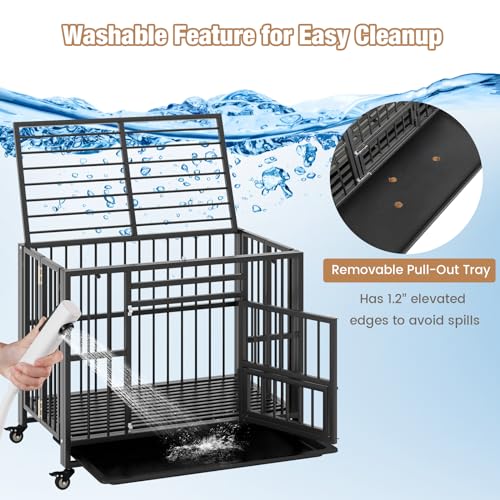 PETSITE 37 Inches Foldable Metal Dog Crate, Heavy Duty Dog Cage with 3 Lockable Doors, Removable Tray, 4 Lockable Universal Wheels, Indoor or Outdoor Dog Kennel for Small Medium Sized Dogs