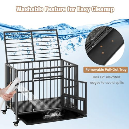 PETSITE 37 Inches Foldable Metal Dog Crate, Heavy Duty Dog Cage with 3 Lockable Doors, Removable Tray, 4 Lockable Universal Wheels, Indoor or Outdoor Dog Kennel for Small Medium Sized Dogs