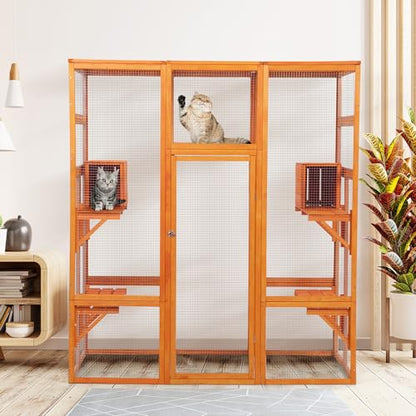 COZIWOW Large Wooden Cat Cage with Perche and Condo, Play Run Enclosure Indoor Kitty Window Kennel with Waterproof Roof&Safety Lock, 7 Platforms & 2 Resting Box, 62.4"L x 32.4"W x 70"H, Deep Orange